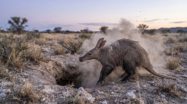 Aardvark Digging in the Dust: An aardvark emerges from a dusty burrow in a dry, arid landscape, kicking up a cloud of earth as it forages at twilight.