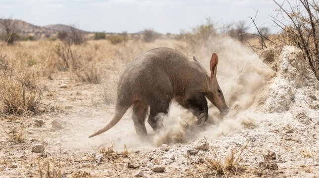 Aardvark digging in dry earth