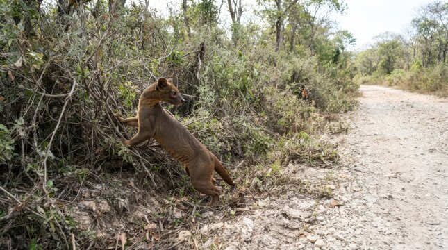 Fossa on a Dirt Road: A slender Fossa, a rare Malagasy carnivore, pauses on a dry dirt road in a sun-dappled forest, its keen senses alert to the surrounding wilderness.