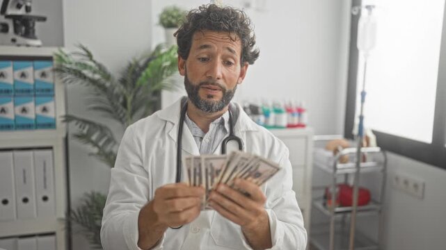 Man doctor counting dollars with both hands, fanning bills and checking notes in building clinic office; financial concern.