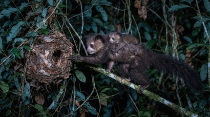 Naklejka premium Indri Lemur Mother and Infant: A mother indri lemur, carrying her infant on her back, carefully inspects a nest in a dense forest at night.