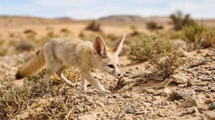 Naklejka premium Fennec Fox in Desert: A fennec fox, with its distinctive large ears and sandy-colored fur, navigates the arid desert landscape, showcasing its adaptation to extreme environments.