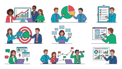 Fototapeta premium Business People Concept Icon Set with Analytics Chart Presentation Target Strategy Online Support and Teamwork Elements for Corporate Marketing Vector Illustration
