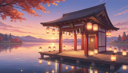 Obraz premium Traditional Japanese wooden pavilion on a lake during sunset with lanterns.
