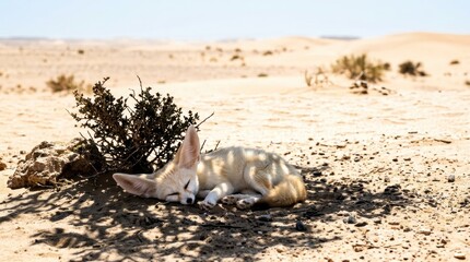 Naklejka premium Desert Nap: A fennec fox finds cool respite from the scorching sun, sleeping peacefully in the shade of a small desert bush amidst vast sand dunes and arid landscape.