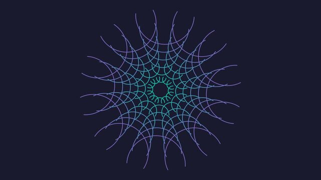 Intertwining geometric lines forming circular star pattern against dark backdrop for digital advertising presentation