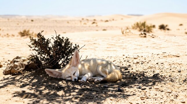 Desert Nap: A fennec fox finds cool respite from the scorching sun, sleeping peacefully in the shade of a small desert bush amidst vast sand dunes and arid landscape.