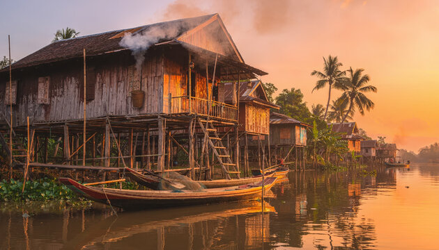 Traditional stilt house by the water during sunset with boats nearby.
