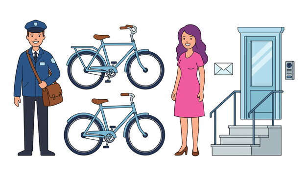 Friendly Postman with Mail Bag Blue Bicycles Envelope and Woman Character by House Porch Steps for Mail Delivery Services Vector Illustration