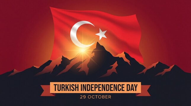 Majestic Sunset: Turkish Independence Day Celebration, Mountains & Flag
