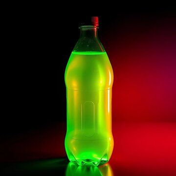 A shimmering plastic bottle with a radiant green glow in a darkened background, single object photography, eco-friendly packaging