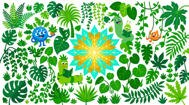 Colorful Tropical Jungle Illustration With Animals.