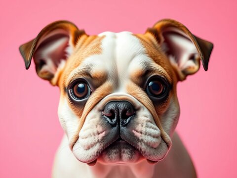 Cute old English bulldog puppy with big brown eyes looking directly at camera on pink background, Whimsical, || Adorable
