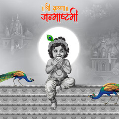 illustration of Happy Krishna Janmashtami with hindi text , Hindu festival celebration in India  © ganesh_502