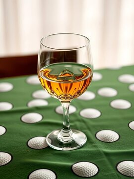 Elegant whiskey glass on a golf ball-patterned tablecloth, Pattern, Tablecloth