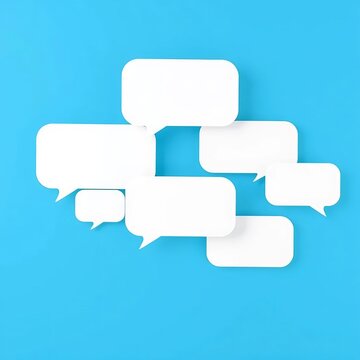 empty white speech bubbles floating in a bright blue background, conveying isolation, ||silence, abstract.