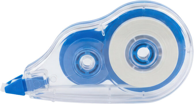 White and blue correction tape dispenser on black background.