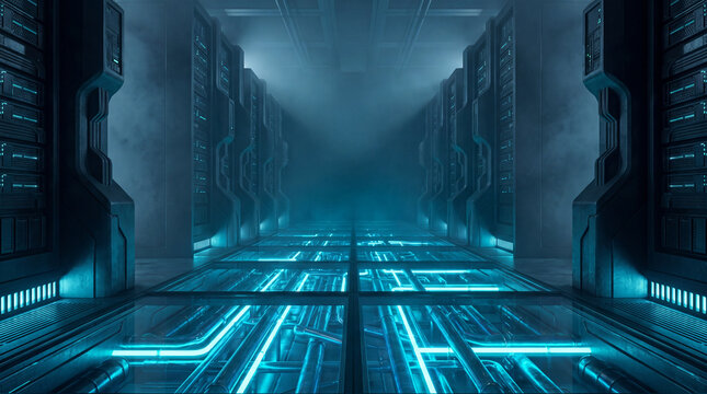 Futuristic Data Center Hallway: Rows of glowing server racks line a dimly lit, futuristic hallway in a high-tech data center.