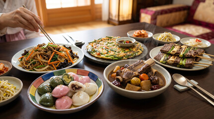 Obraz premium Chuseok celebration with Korean food songpyeon, japchae, pajeon, and galbijjim