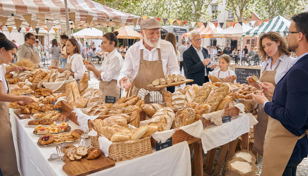 Vendor selling various types of bread at an outdoor market.