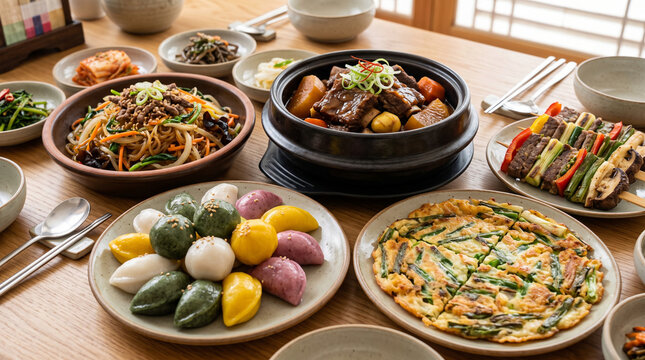 Chuseok celebration with Korean food songpyeon, japchae, pajeon, galbijjim