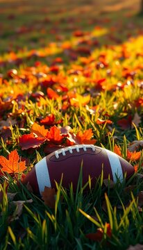 Golden afternoon light illuminates a field of crimson and amber leaves as a football lies partially buried in the grass, orange, brown
