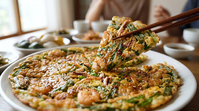 Pajeon, savory Korean pancake made with fresh green onions or scallions and seafood