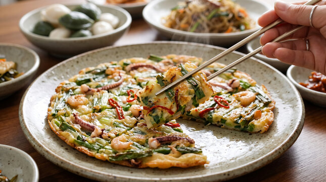 Chopstick picking up pajeon, savory Korean pancake made with fresh green onions or scallions and seafood