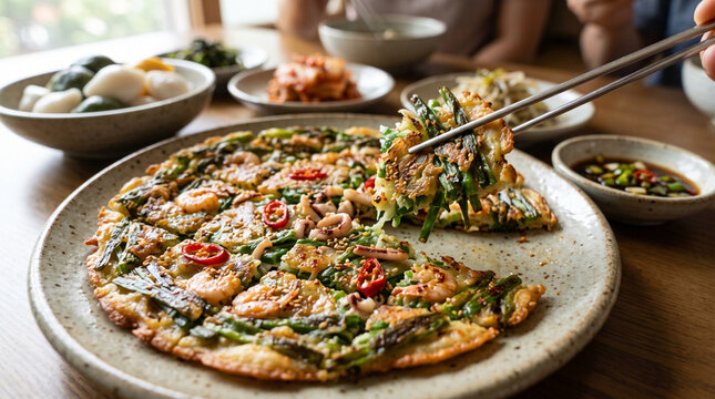 Pajeon, savory Korean pancake made with fresh green onions or scallions, chili and seafood