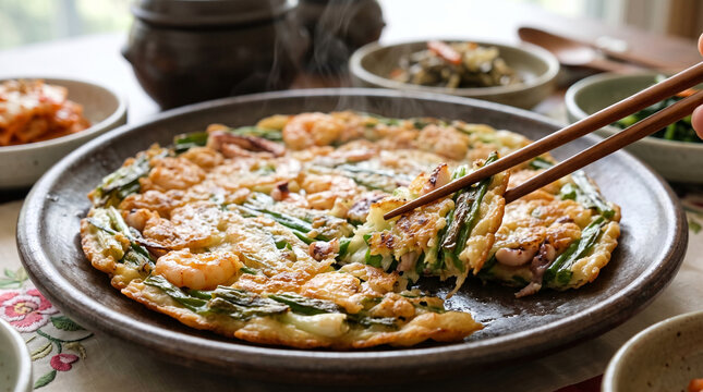 Pajeon, savory Korean pancake made with fresh green onions or scallions and shrimp