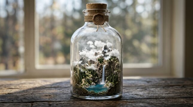 Artistic miniature landscape inside glass bottle with mountain, waterfall, forest, and sky scene