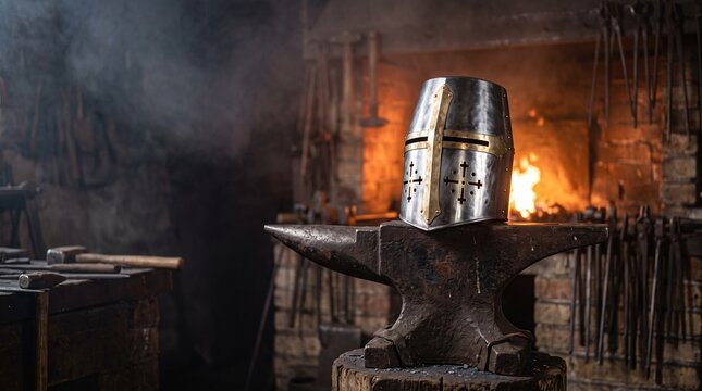 Medieval Knight Great Helmet On Anvil Blacksmith Forge Fire Sparks