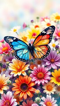 Watercolor butterfly on a bed of colorful flowers, delicate and lovely design, petal, watercolor