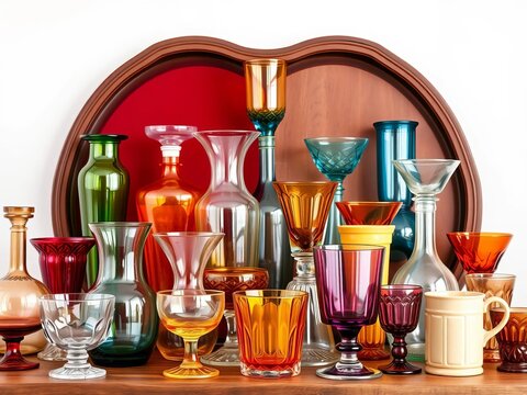 Vintage glassware collection in mismatched colors, collection, decorative
