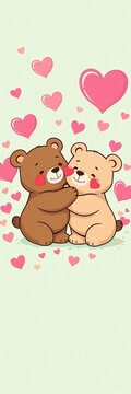 Whimsical cartoon bears embracing each other amidst a field of hearts on a soft mint green background, playful, forest