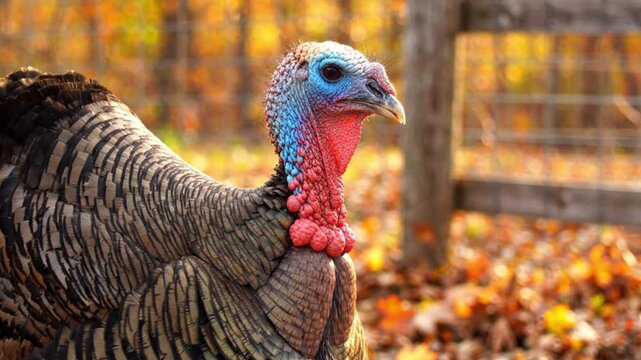 Close Up Portrait of Live Wild Turkey with Vibrant Blue Head and Red Wattle on Autumn Farm with Fallen Leaves for Thanksgiving Holiday Concept