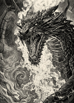 Roaring Fierce Dragon with Open Mouth, Detailed Black and White Dark Fantasy Sketch