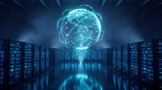 Global Network in Server Room: A futuristic representation of global connectivity, showcasing a holographic globe surrounded by rows of illuminated server racks in a data center.