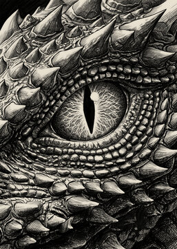 Detailed Close-Up of a Dragon Eye with Textured Scales, Black and White Ink Hatching Illustration