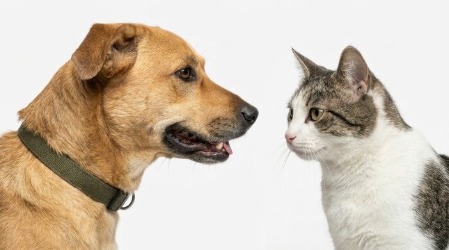 A dog and cat face each other in a studio portrait against a white background.