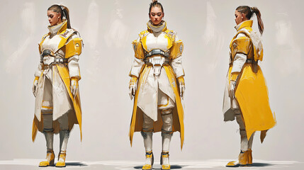 Naklejka premium Female character concept illustration in futuristic yellow and white attire, showcasing front, side, and back views with detailed armor and accessories