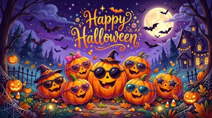 Fototapeta premium Celebratory halloween scene with animated jack o lanterns with whimsical autumnal elements under moonlit sky bats haunted mansion backdrop halloween celebration