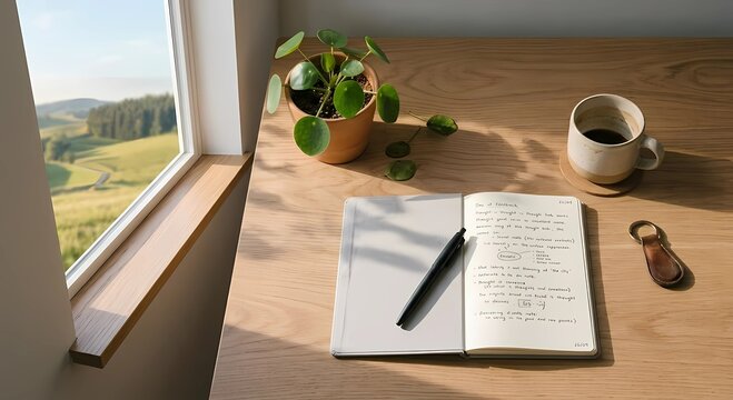 Escritorio con libreta, taza de caf&eacute; y planta, al lado de ventana.