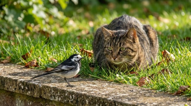 A tabby cat stalks a small bird in a grassy garden setting.