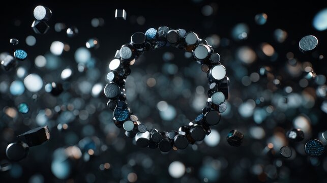 3D shapes float in space creating patterns with light and shadows in a dark background