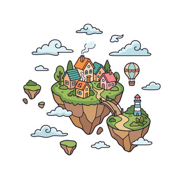 Whimsical Floating Island Village Illustration.