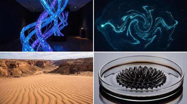 A four-part collage featuring abstract blue light installations, swirling neon patterns, a vast desert landscape with sand dunes, and a petri dish containing a black magnetic ferrofluid formation.