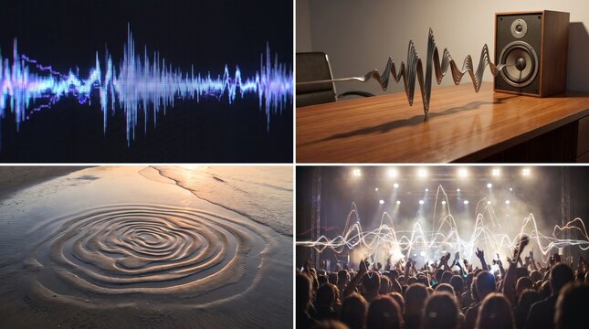 A four-panel collage depicting sound waves: digital blue oscillation, a physical waveform emerging from a speaker, circular sand ripples from vibrations, and a concert crowd with overlays.