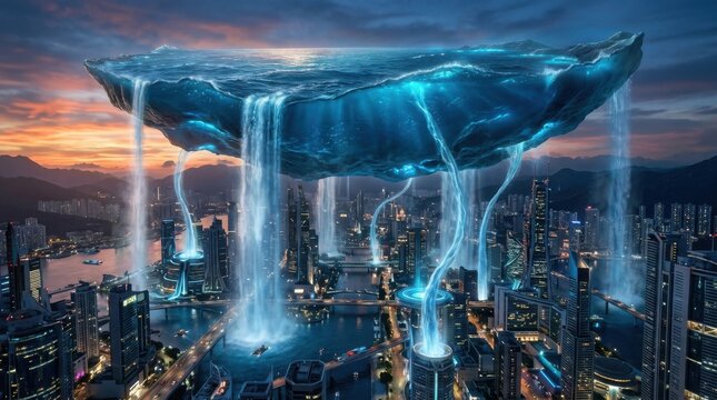 Massive floating iceberg with waterfalls over city skyline at dusk