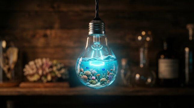 Creative illuminated glass bulb with miniature underwater scene and coral reef decorations